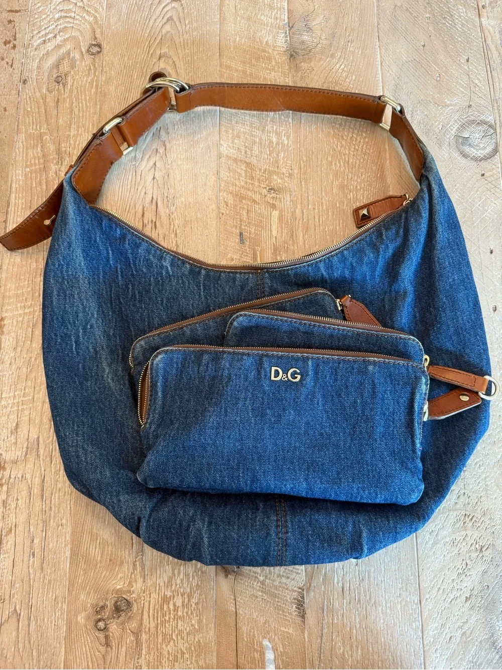 D&G Denim Mindy Hobo Bag with Brown Leather Strap - Blue